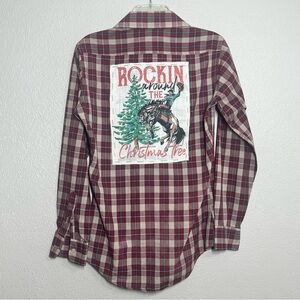 Rockin’ Around The Christmas Tree Button Up Shirt LS Plaid Womens Size Small